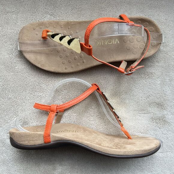 Vionic Rest Miami Orange Leather T-Strap Sandals Women 8 Gold Accents Strappy - Picture 1 of 14